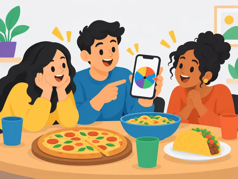 Friends at a table using a phone wheel to decide what to eat